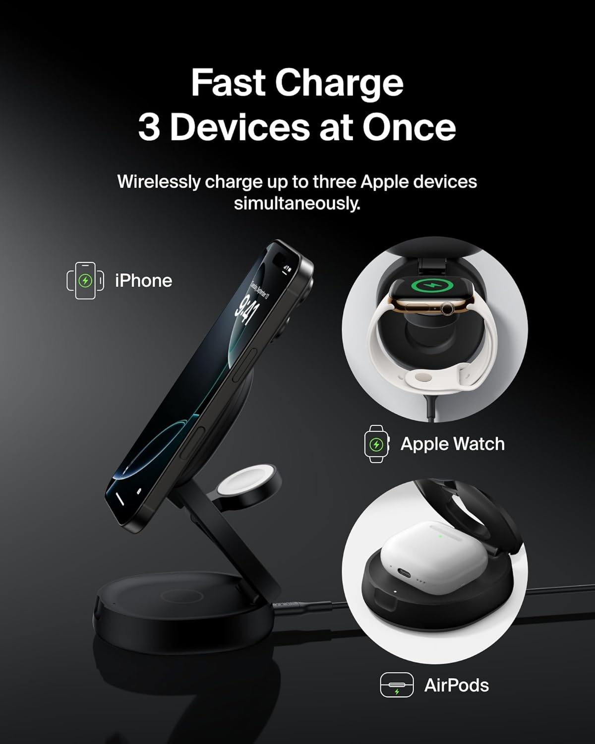 Belkin MagSafe Charger Compatible, 3-in-1 Qi2 15W Wireless Charging Station, Convertible Wireless Charger for iPhone 17, Apple Watch, AirPods, Pixel 10, Phone Stand for Travel w/ 36W Adapter - Black