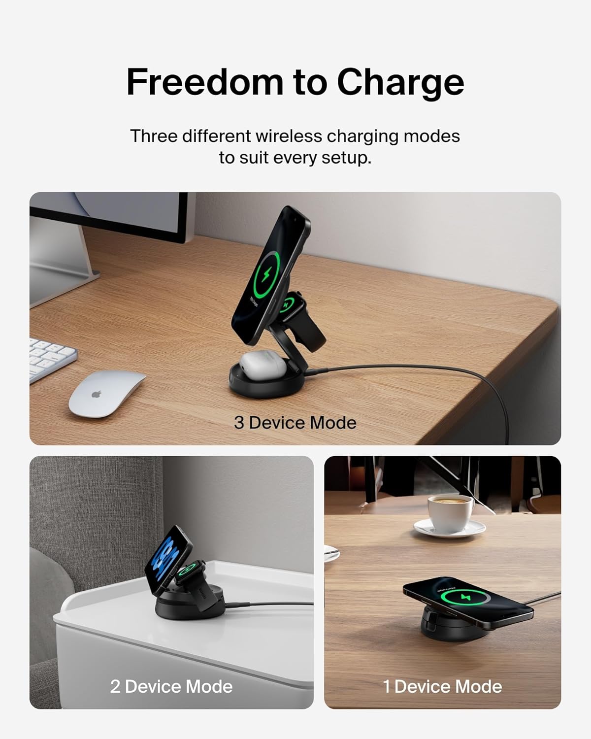 Belkin MagSafe Charger Compatible, 3-in-1 Qi2 15W Wireless Charging Station, Convertible Wireless Charger for iPhone 17, Apple Watch, AirPods, Pixel 10, Phone Stand for Travel w/ 36W Adapter - Black
